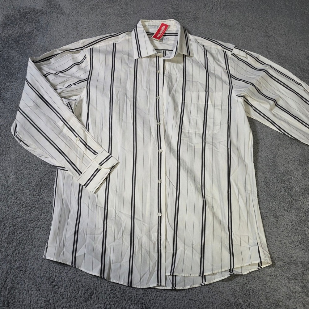 Perry Ellis Mens 16 32-33 Button Down Shirt White Black Striped Cotton Long SleV